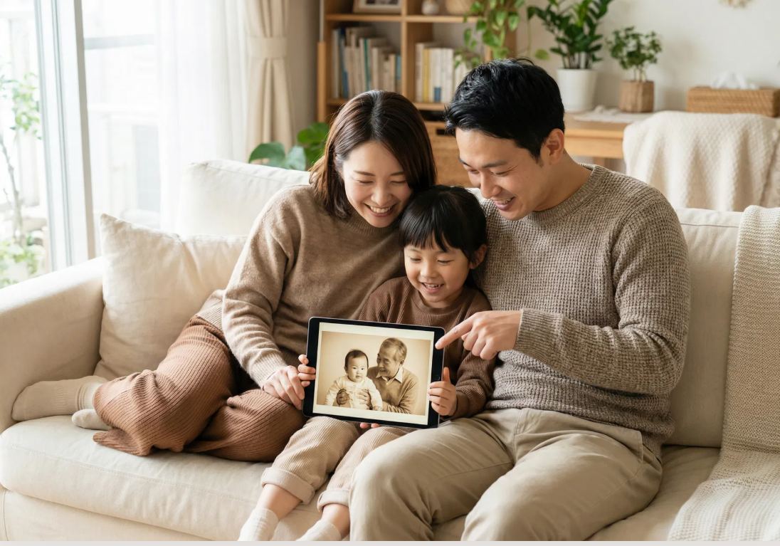 Family using a photo device together at home